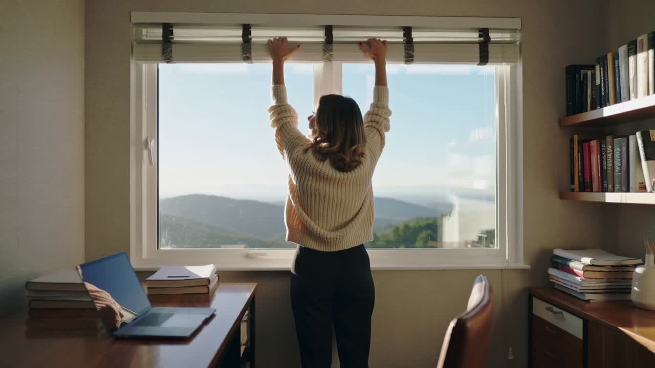 Mujer con jersey color crema subiendo una persiana en un estudio, notando la luz del sol, dejando ver colinas, un portátil y estanterías