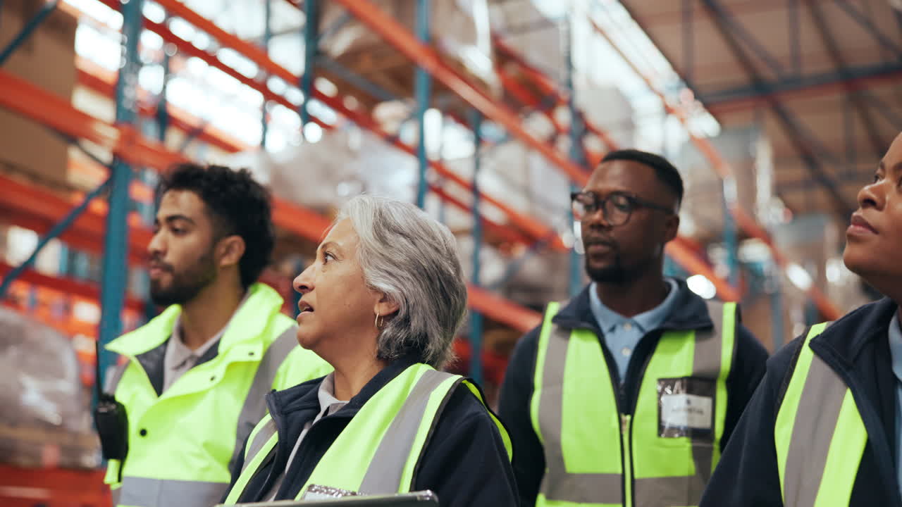 Diverse Warehouse Team Discussing Operations and Inventory