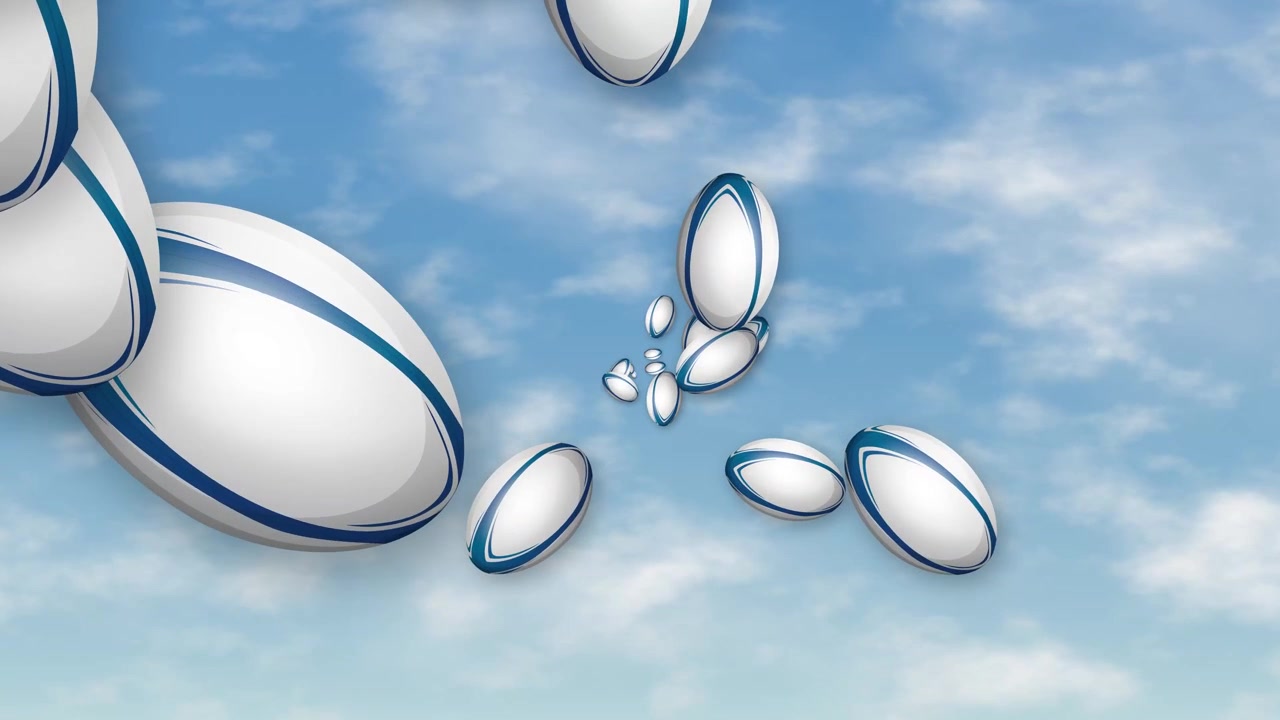 Multiple rugby balls fly toward the camera against a bright blue sky with wispy clouds.