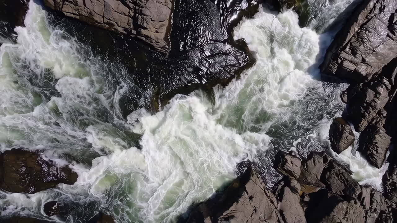 Aerial View of Whitewater Rapids in a Rocky River