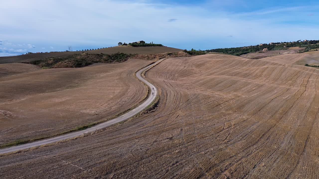 Tuscany's scenic landscape featuring a winding dirt road surrounded by golden rolling hills and distant trees.