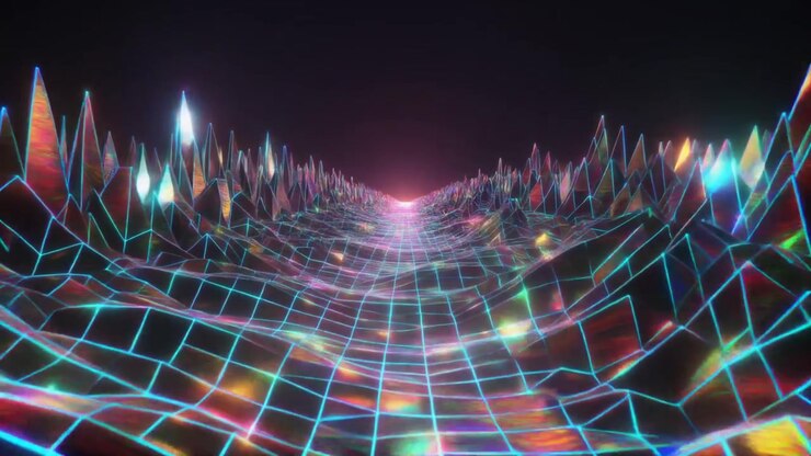 Retro Synthwave Style Digital Landscape with Glowing Grid