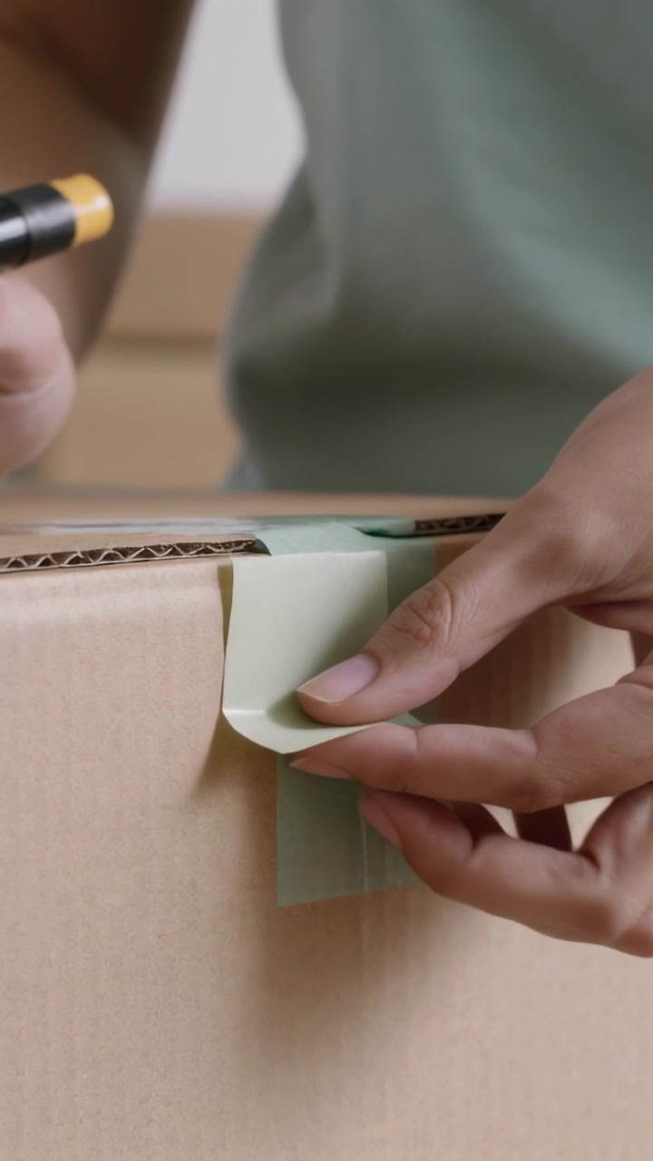 Vertical video: Lifting backing and placing patch, packer sealing box at pack table with green tape