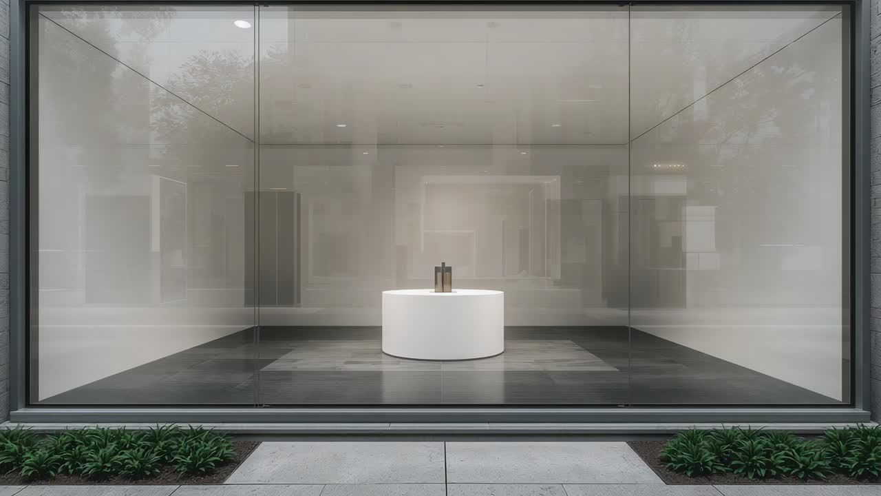 Shifting reflections from traffic revealing white pedestal at shop window, small bottle resting