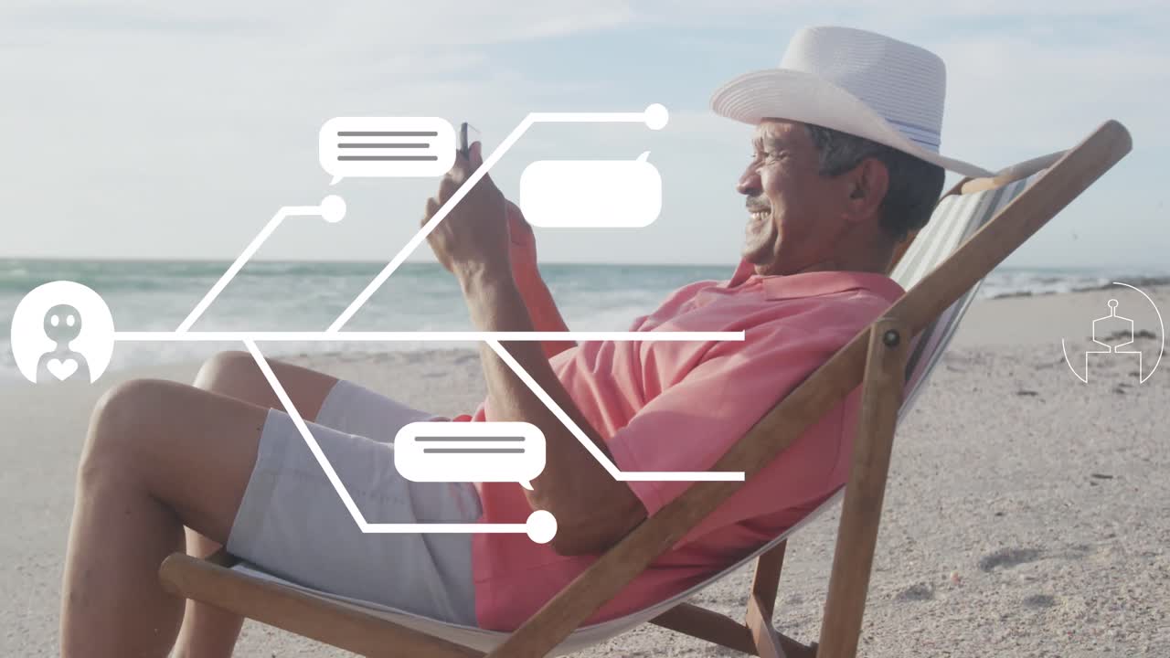 animación de un procesamiento de datos sobre un hombre biracial usando un teléfono inteligente