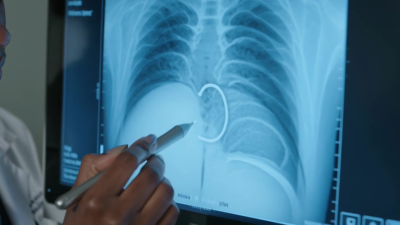 Tapping stylus clinician in lab coat marking chest xray at workstation, circling focal lower lung