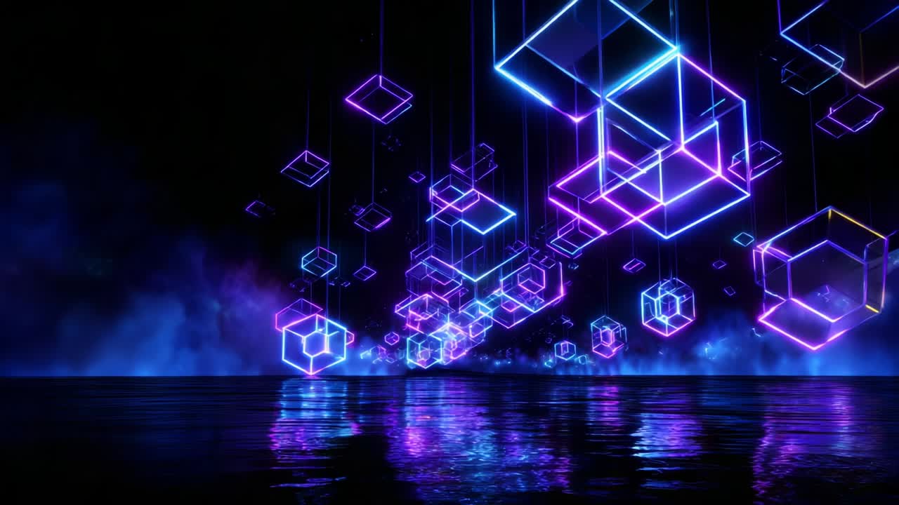 A Mesmerizing Display of Floating Neon Cubes Illuminating an Ethereal Waterfront: An Artistic Fusion of Light and Reflection Capturing a Stunning Visual Experience in a Dreamlike Atmosphere