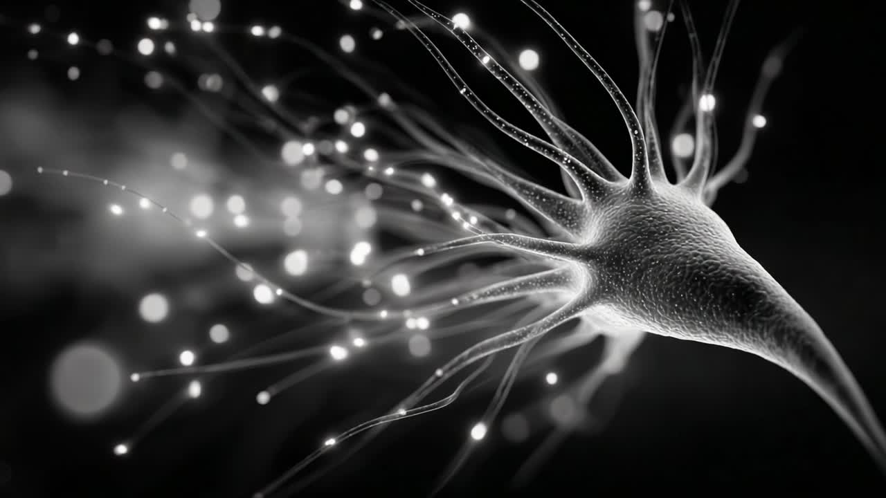 A Close-Up View of a Neuron, Highlighting Its Complex Structure and Connectivity, Illustrated in Black and White to Emphasize the Interconnected Neural Pathways