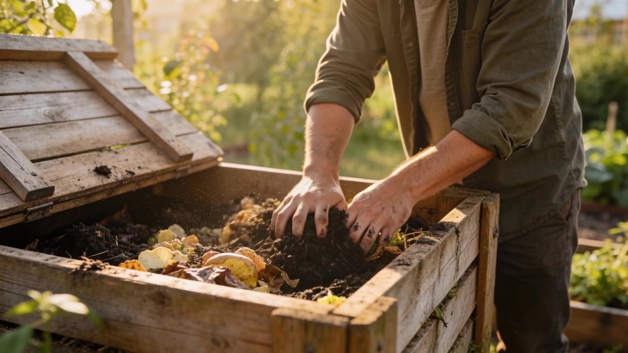 Dropping food scraps, man in olive shirt spreading and tamping at garden compost bin, for compost