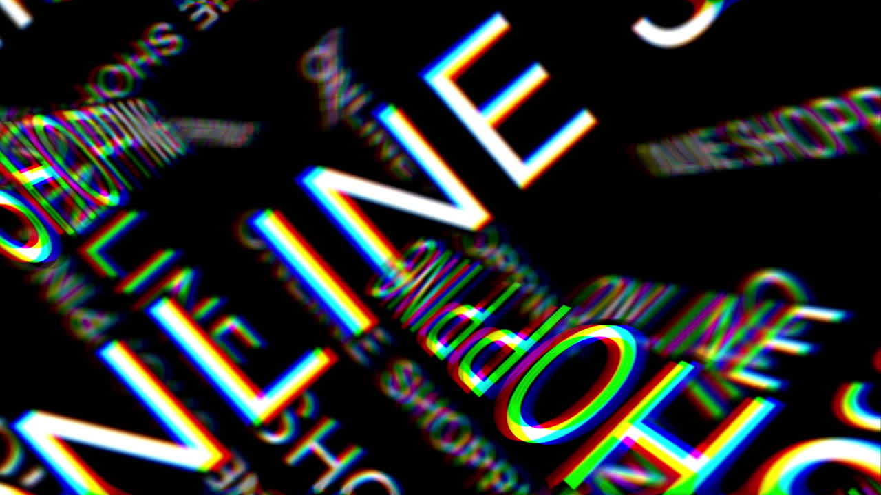 ONLINE SHOPPING Fly Through 3D Text Keyword Animation. Abstract Concept with Black Background. RGB Chromatic Aberration. Consumer Buying on Internet