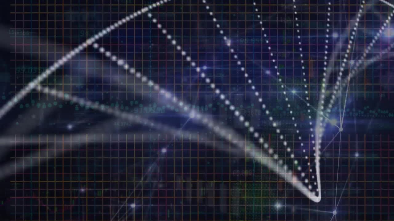 Animation of glowing network of connections over spinning dna structure against blue background