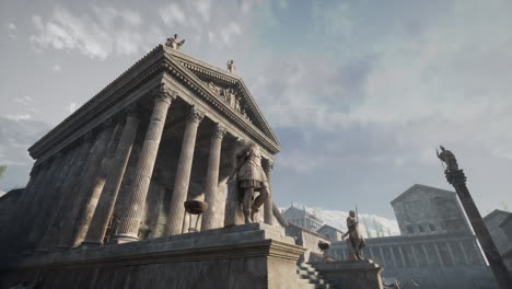 ruins of an ancient temple with majestic columns and statues in the foreground