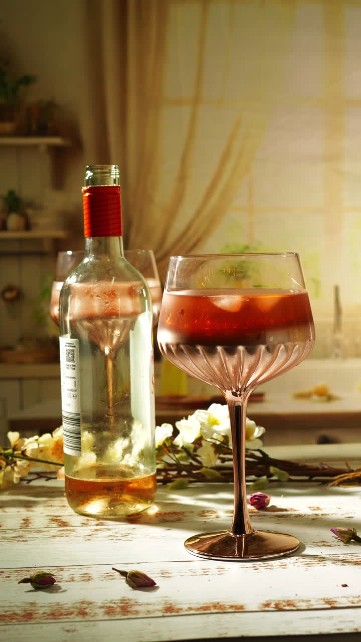 Una mano posa un calice di spritz rosé accanto a una bottiglia di vino aperta su un tavolo di legno sbiancato cosparso di fiori secchi, bagnato da una calda luce solare per un'atmosfera estiva rilassata.