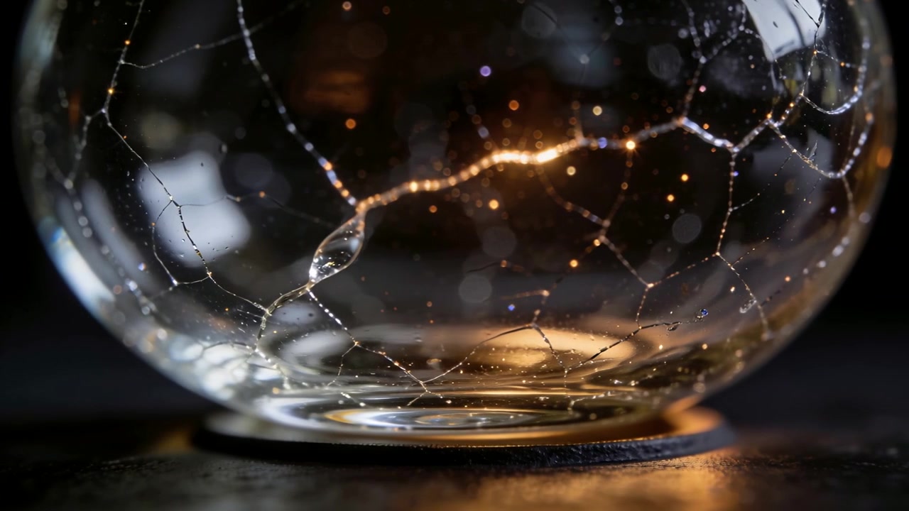 Moving tiny light starting streak along filament in glass sphere on studio desk, revealing beads