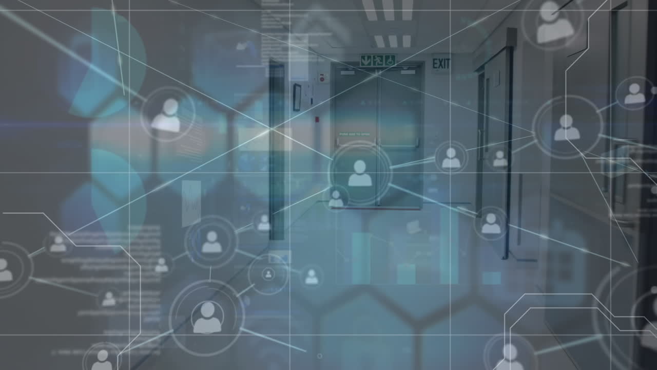 Netværk af profilikoner og databehandling mod en tom hospitalskorridor