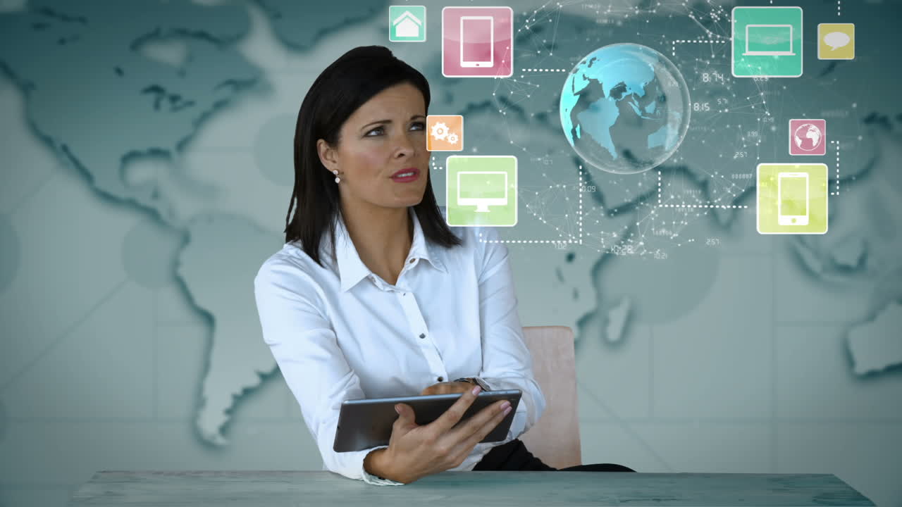 mujer de negocios mirando gráficos digitales 3d