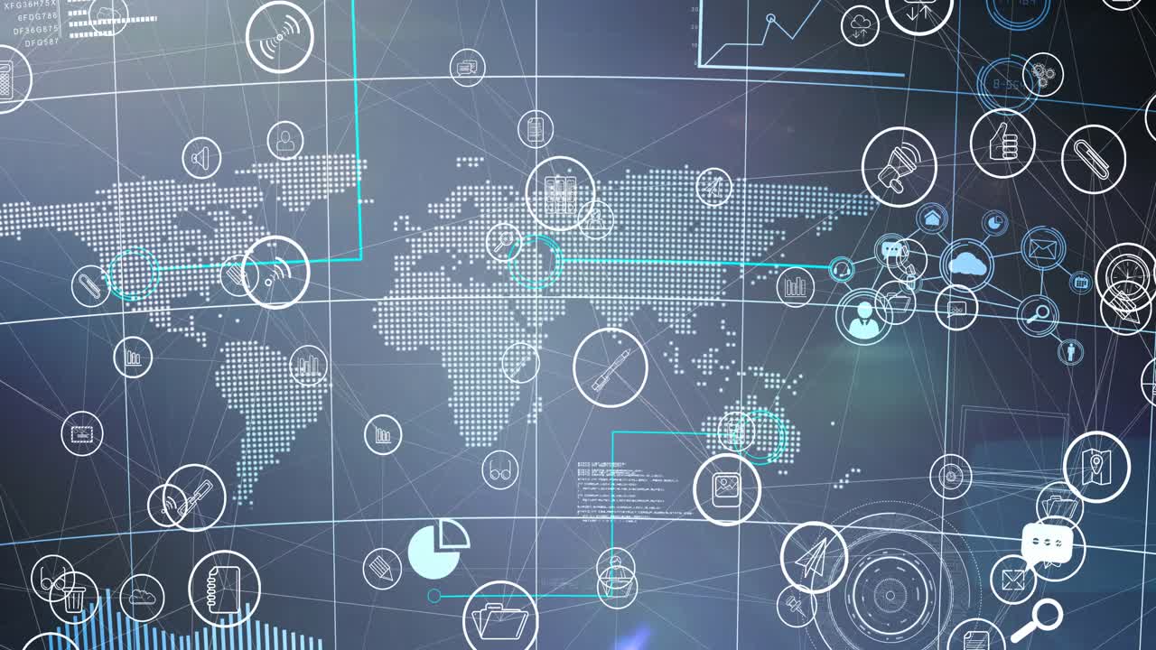 animación de la red de conexiones con iconos digitales sobre el mapa del mundo en el fondo