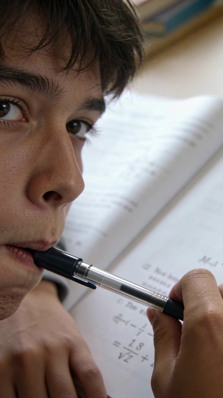 Vertical video: Holding pen cap to mouth, teen in sweater solving math in book at desk, copy space