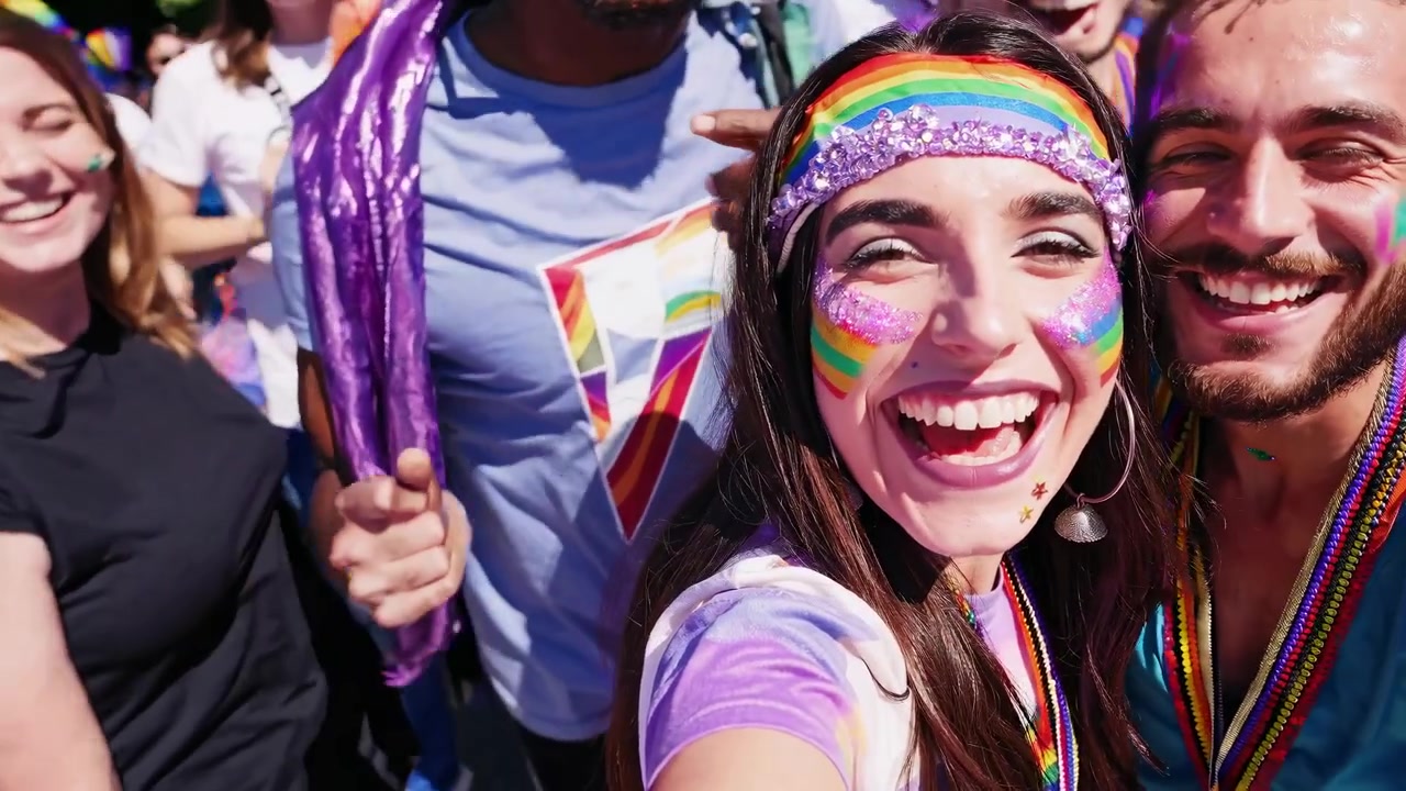 Amigos Diversos e Alegres Tirando uma Selfie em um Festival do Orgulho