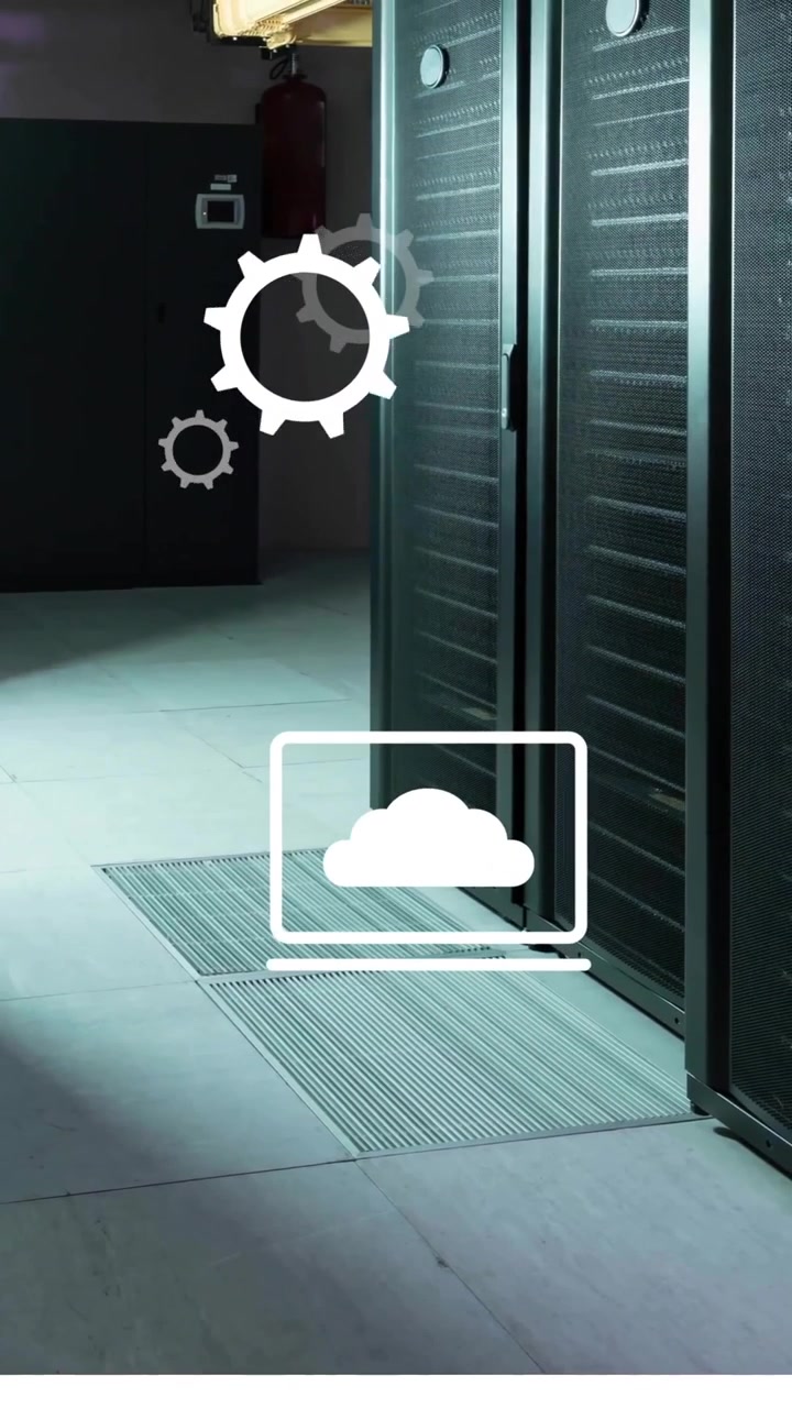 Animation of digital business icons and data processing over computer servers
