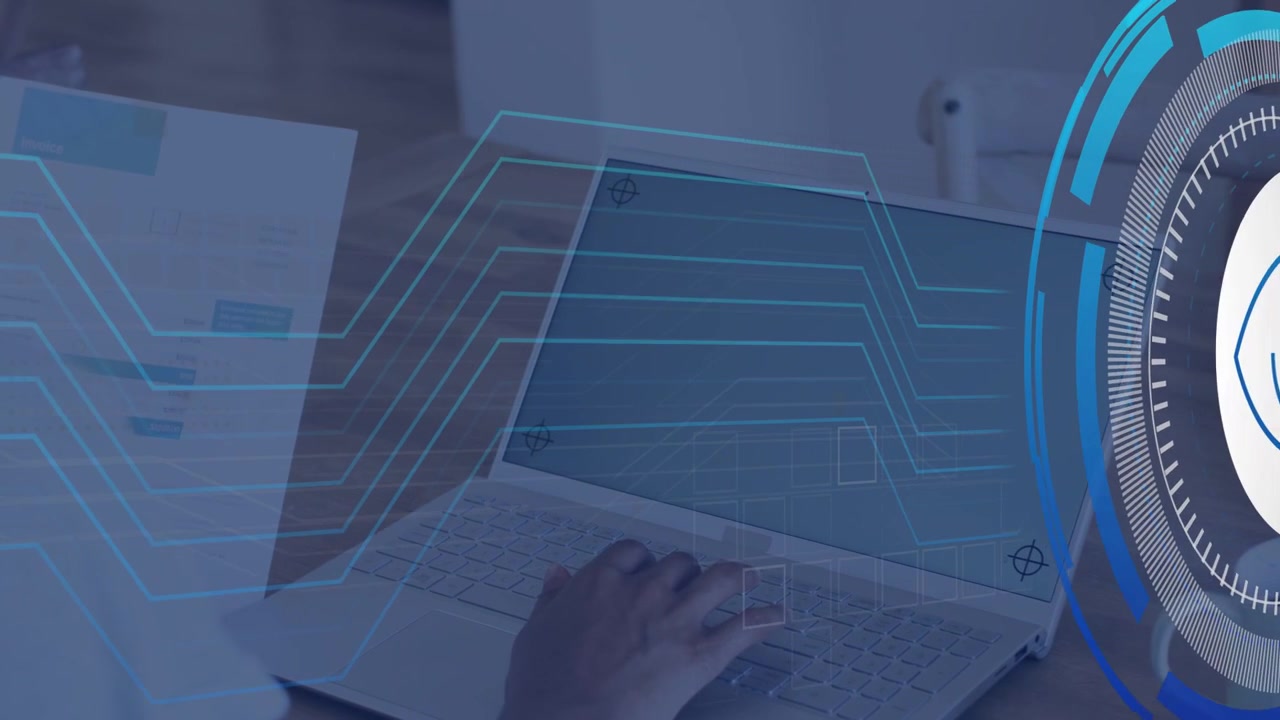 Woman typing on laptop, markers activating eye HUD with cyan lines sweeping keys for tech demo
