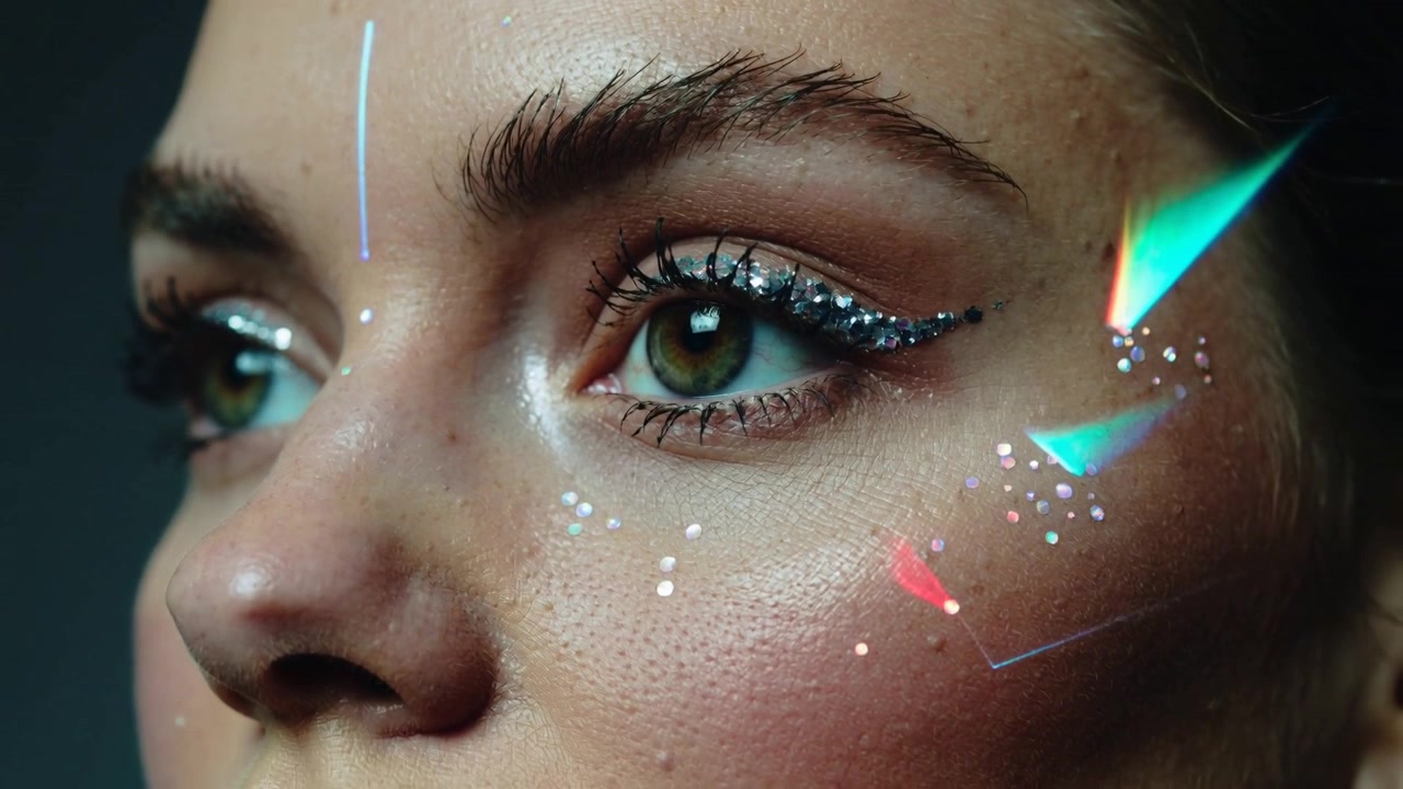 Opening female model's eyes as studio light hits glitter, shifting gaze, revealing glitter eyeliner