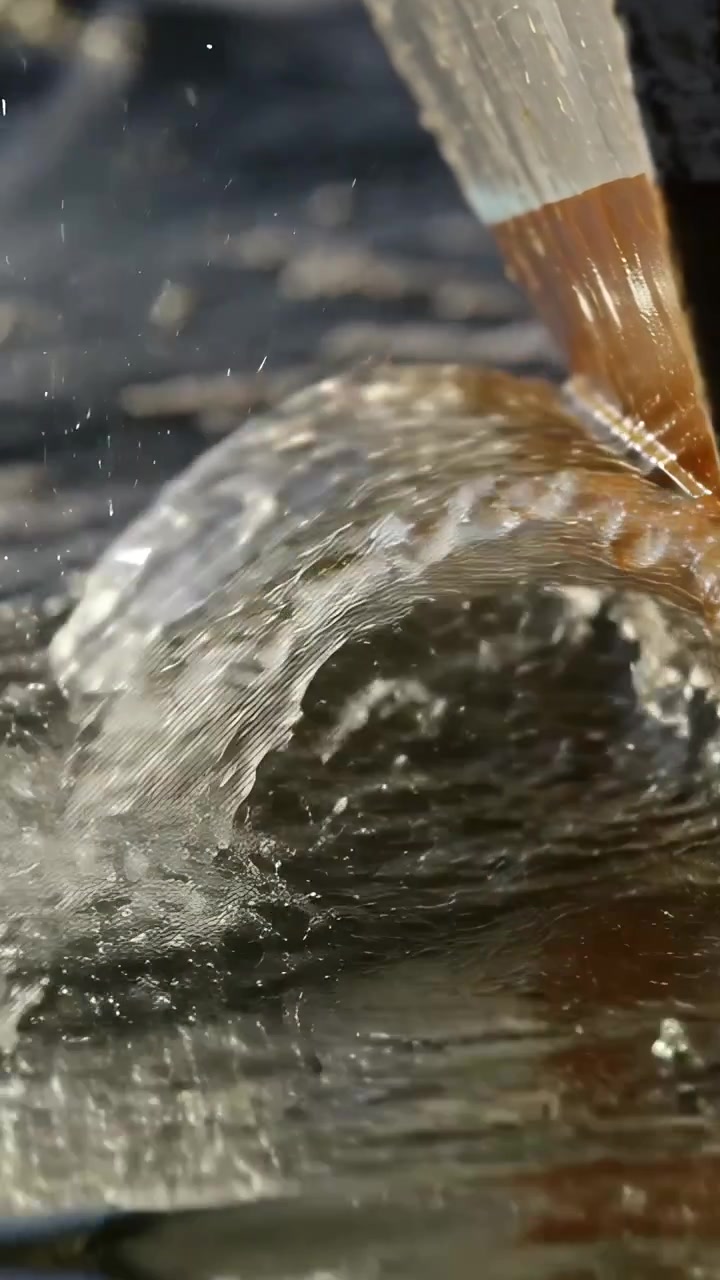 Video verticale: Scafo di una barca che fende l'acqua calma, producendo una scia, una lamina d'acqua arcuata e spruzzi.