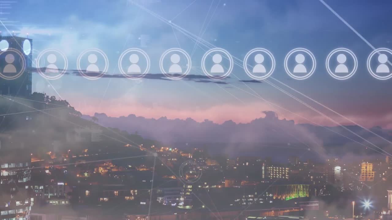 도시 풍경 위의 아이콘으로 연결된 네트워크의 애니메이션