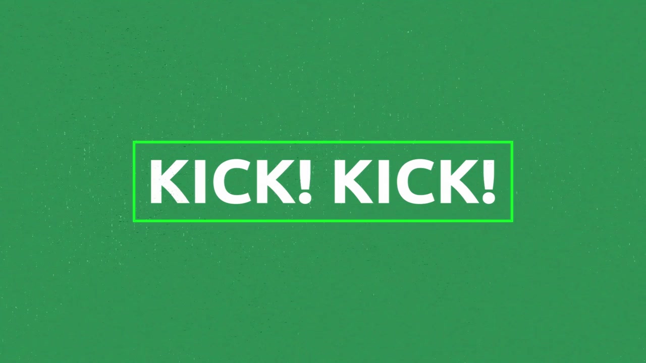 Grafica in movimento con tipografia cinetica dinamica che presenta la parola "Kick"