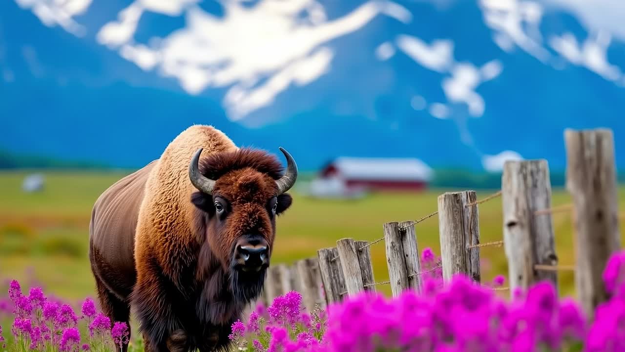 A bison standing in a field of purple flowers next to a wooden fence