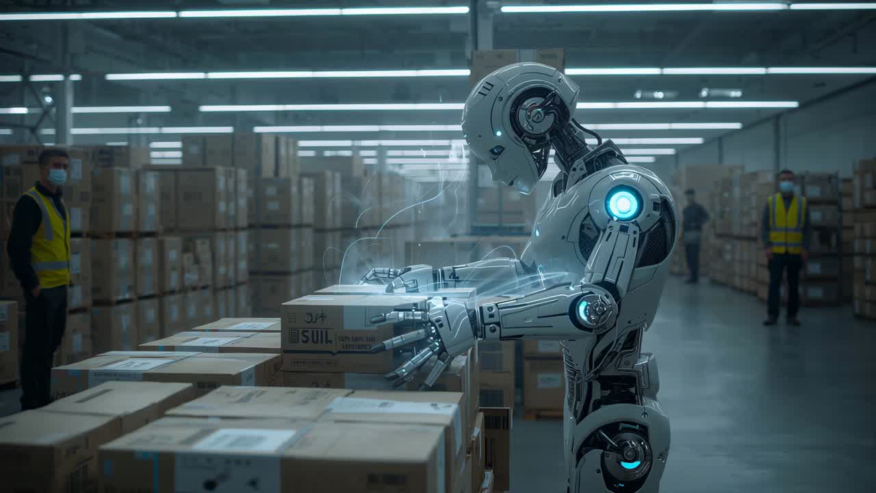 Task starting humanoid robot sorting, checking boxes in warehouse, staff in hi-vis vests watching