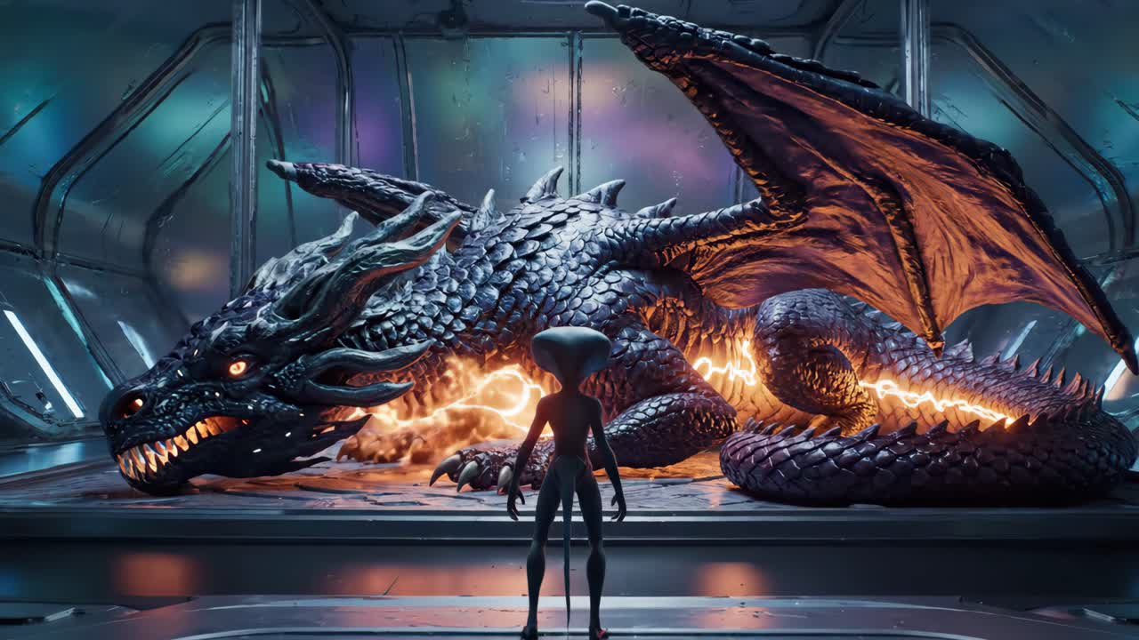 Alien Encounters a Dragon in a Futuristic Setting