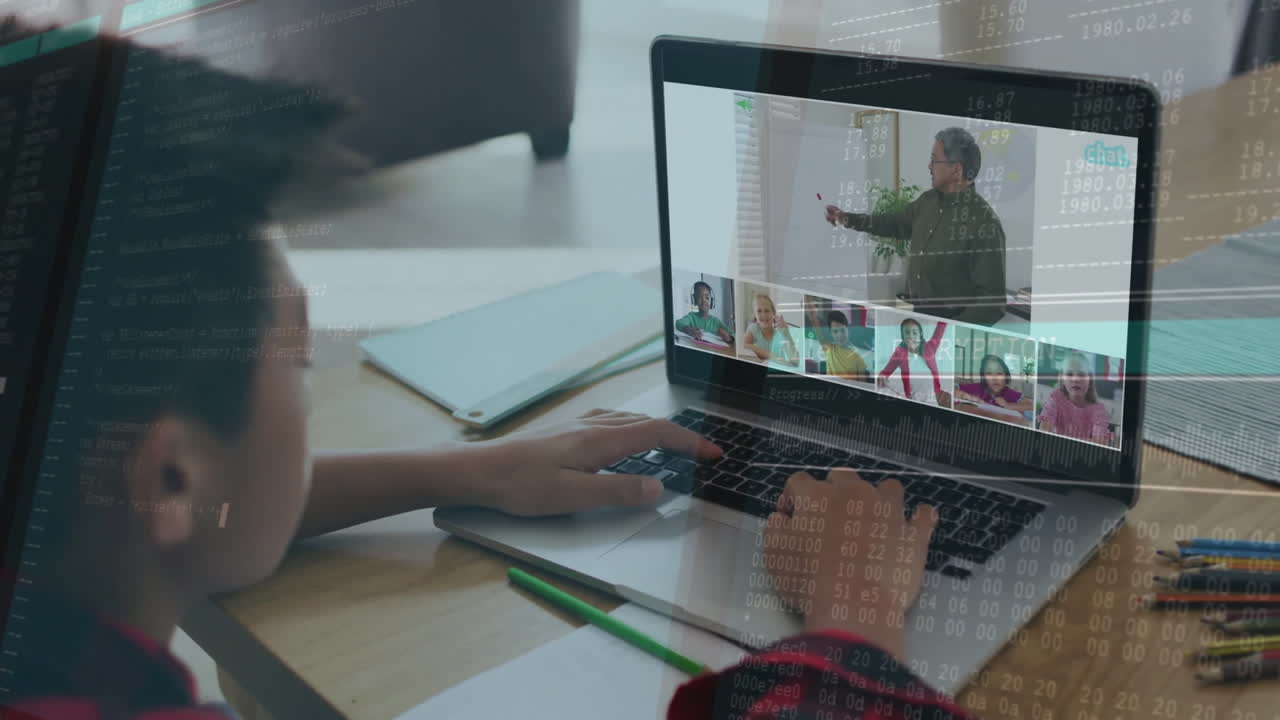 Person participating in virtual meeting with data processing animation overlay