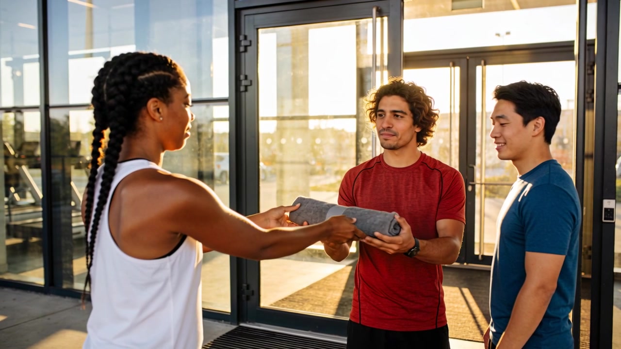 Offering braided woman white tank handing gray towel to red-shirt man preworkout chat at gym door