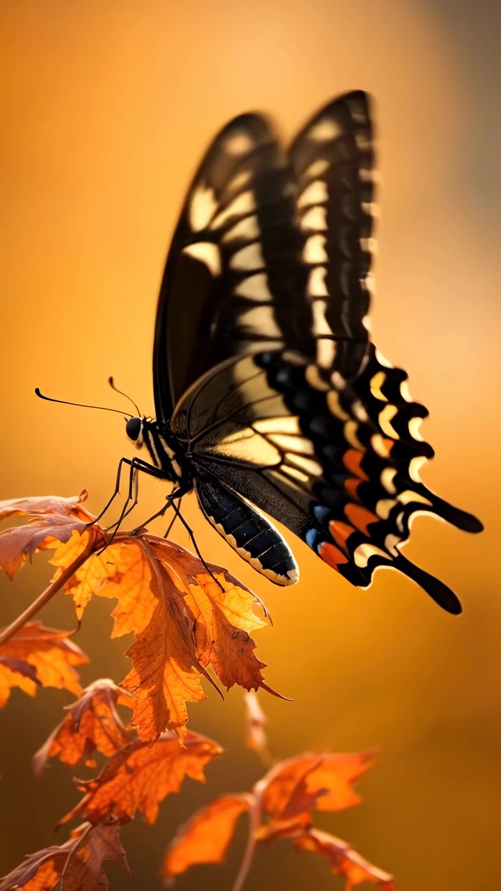 Farfalla macaone nera posata su una foglia autunnale