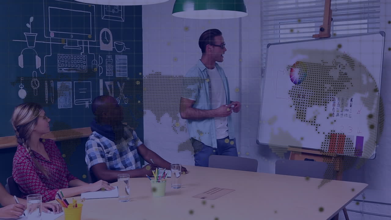 Animation of spinning globe and world map against caucasian man giving a presentation at office