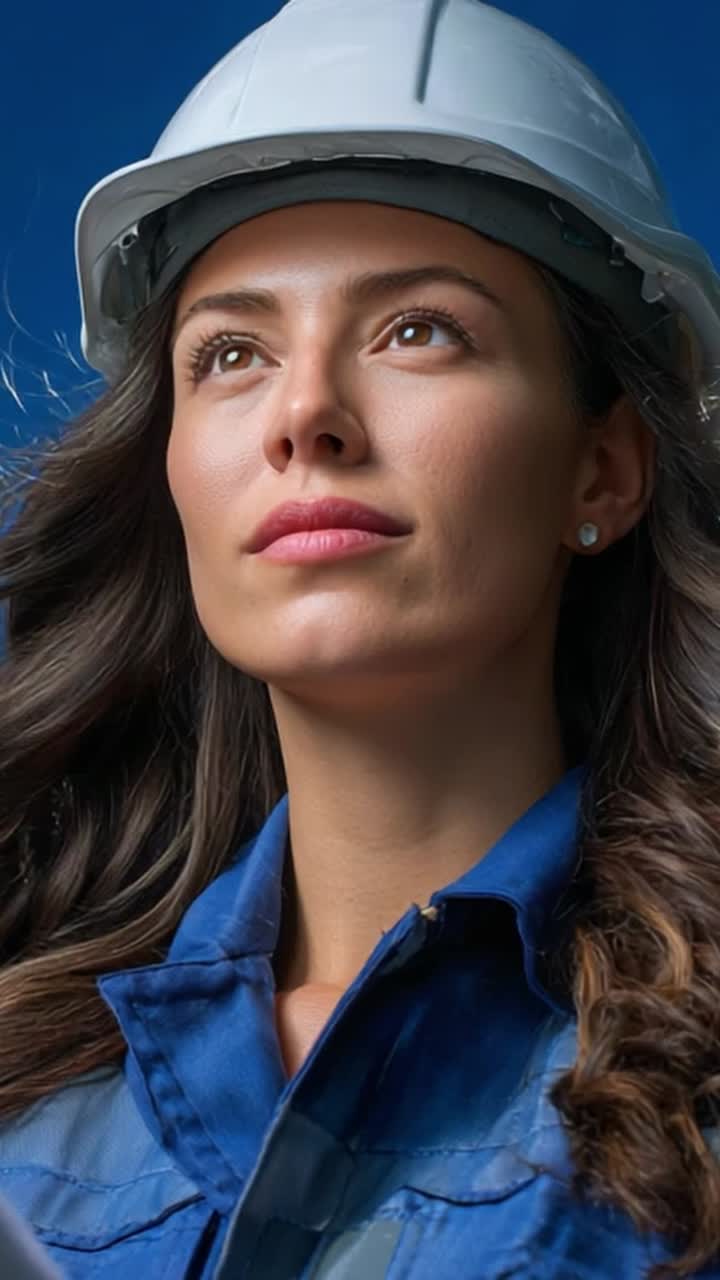 Operaia sicura di sé con cappello che proietta forza e determinazione su un cielo blu, a rappresentare emancipazione e professionalità nel settore