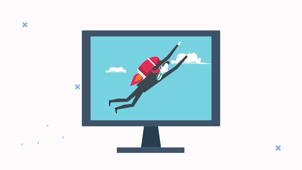 elegant businessman worker flying with rocket in desktop