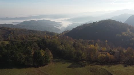 top of the mountain, over green forest to the fogy valley - aerial