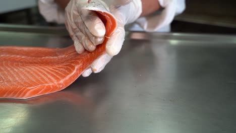 asian noface fish industry worker is gently laying down salmon fillet to stainless steel trolley table - handheld slow motion shallow depth of field