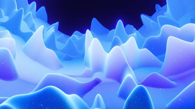 Красивая абстрактная 3D-поверхность с блестками, абстрактные 3D-волны бегут по поверхности в цикле. Синий градиент, мягкий матовый материал с легким внутренним свечением. Плавная 4k анимация