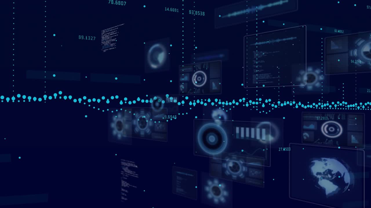 Sequence progressing, cyan waveform shifting while translucent UI panels advancing to reveal gauges
