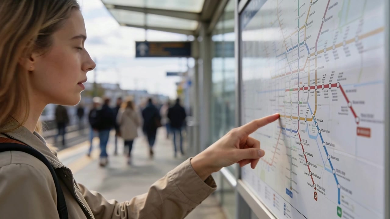 Una donna con impermeabile indica e consulta una mappa dei trasporti sulla piattaforma, tracciando i percorsi per confermare il viaggio.