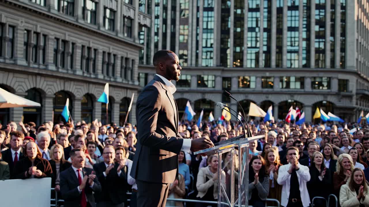 A mid-angle video shot of a speaker at a podium addressing a large, diverse crowd in an urban