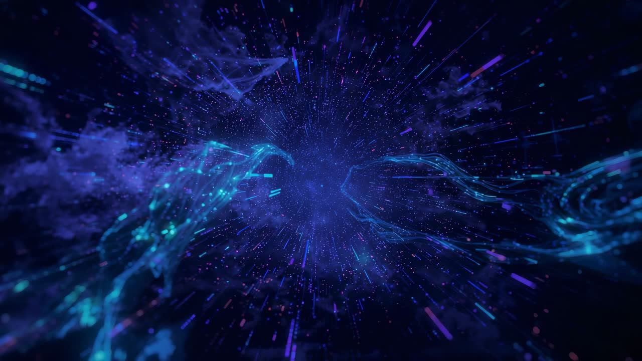Opening shot showing starfield streaking through nebula ribbons in deep-space simulating motion