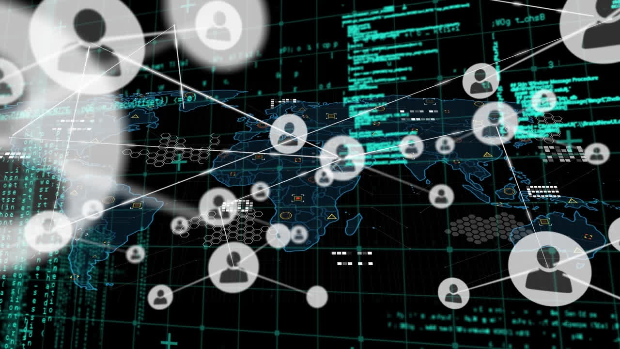 Animation of network of connections over world map and data processing