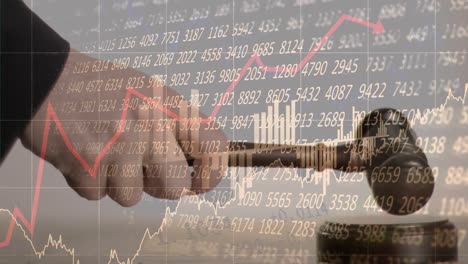 animation of statistics and financial data processing over auctioneer's hammer