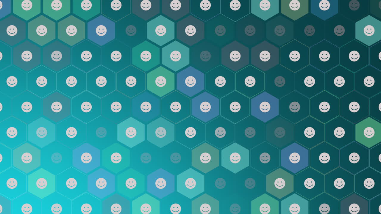 파란색으로 둘러싸인 웃는 즐거운 얼굴 그룹