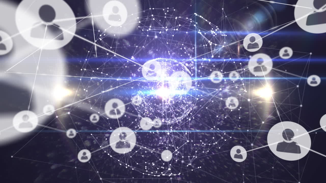 검은 바탕에 전 세계에 있는 아이콘으로 연결된 네트워크의 애니메이션