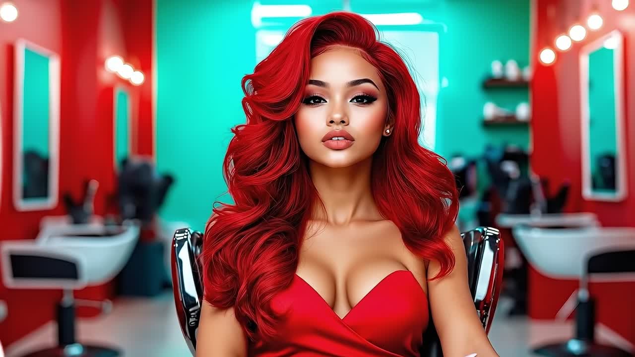 A woman in a red dress sitting in a salon